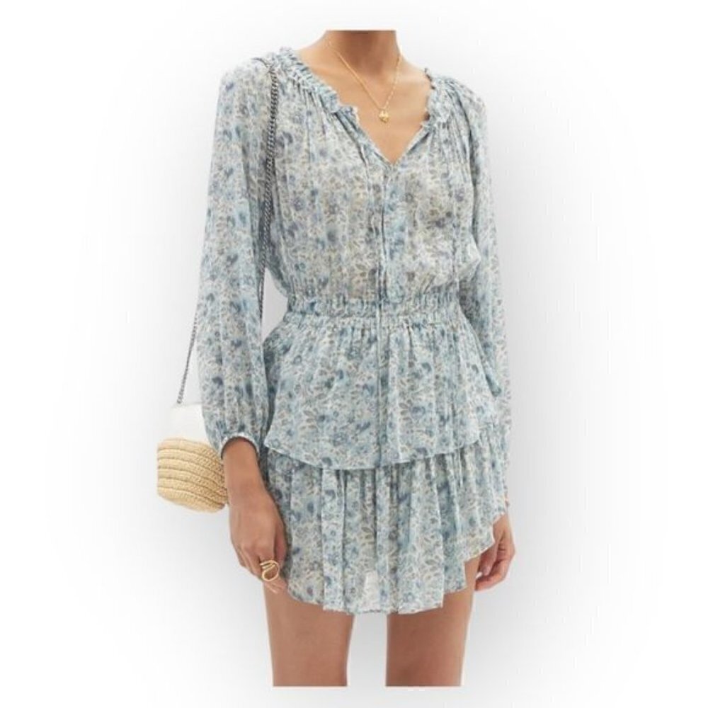 LoveShackFancy Popover Mini Floral Dress in Ocean Breeze Size P, NWT